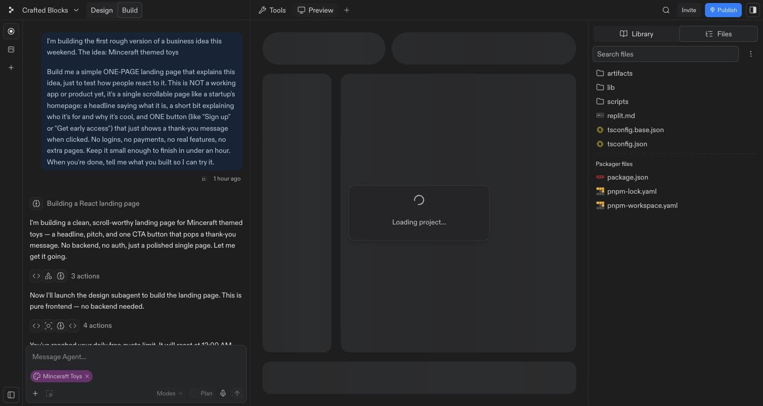 The top of the agent chat. A long user prompt in a blue bubble asks for a simple one-page landing page for a Minecraft-themed-toys business, spelling out that it is not a working product, that there should be no logins or payments, one button, and that it should be finishable in under an hour. Underneath, the agent replies with a plan titled 'Building a React landing page' and begins working through collapsed groups of actions.