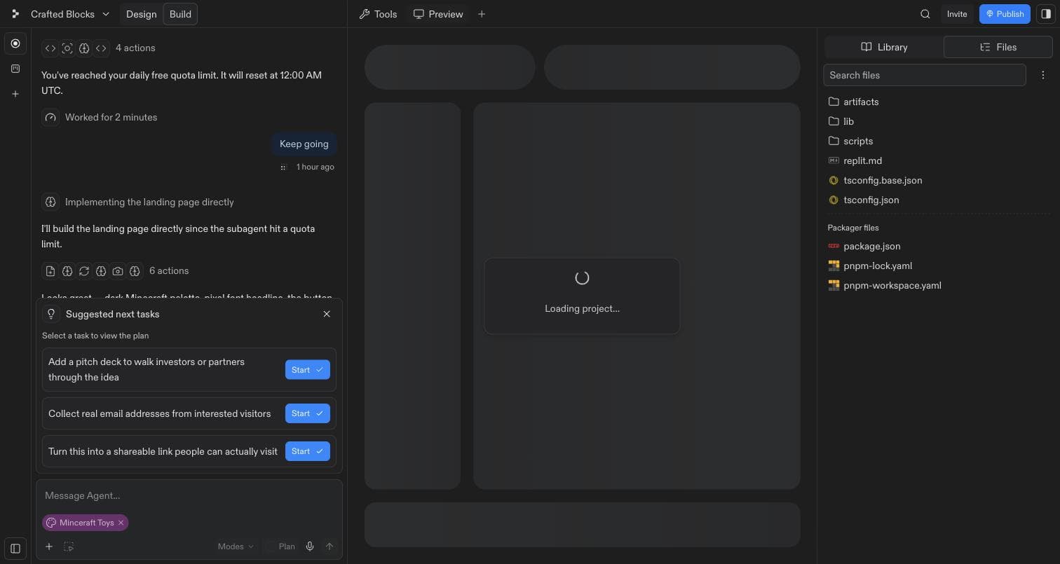 The agent chat showing a message that reads 'You've reached your daily free quota limit. It will reset at 12:00 AM UTC.' Below it a 'Keep going' button. Below that, the agent continues anyway with a new step titled 'Implementing the landing page directly' and the line 'I'll build the landing page directly since the subagent hit a quota limit.'