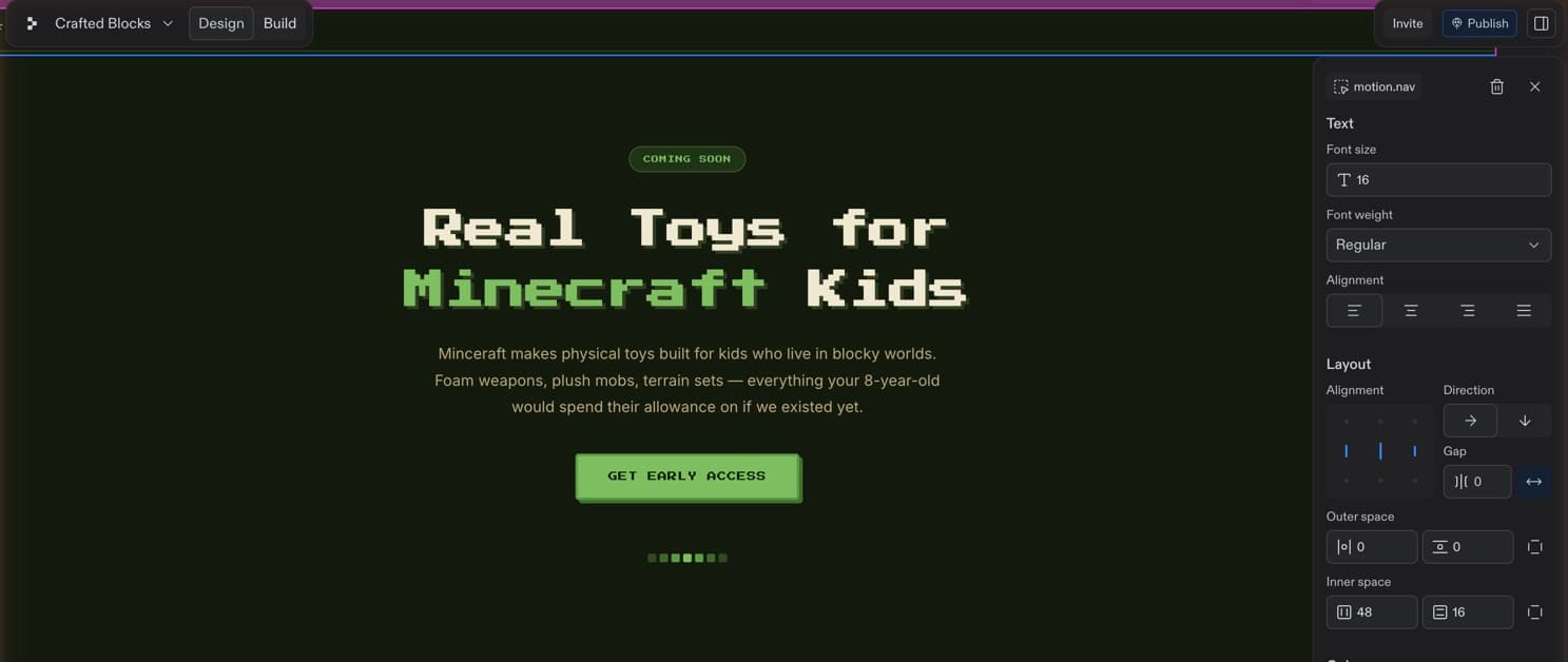 The Replit Design view. Most of the screen shows the running page with a COMING SOON pill, a large pixel-font headline reading 'Real Toys for Minecraft Kids', a two-line pitch and a green GET EARLY ACCESS button. A blue outline marks the selected element. Across the top, Design is active in the Design / Build toggle, with Invite and Publish at the right. An inspector panel on the right names the selected element, motion.nav, beside delete and close buttons. Below it are Text controls for size, weight and alignment, followed by Layout controls for alignment, direction, gap and spacing.